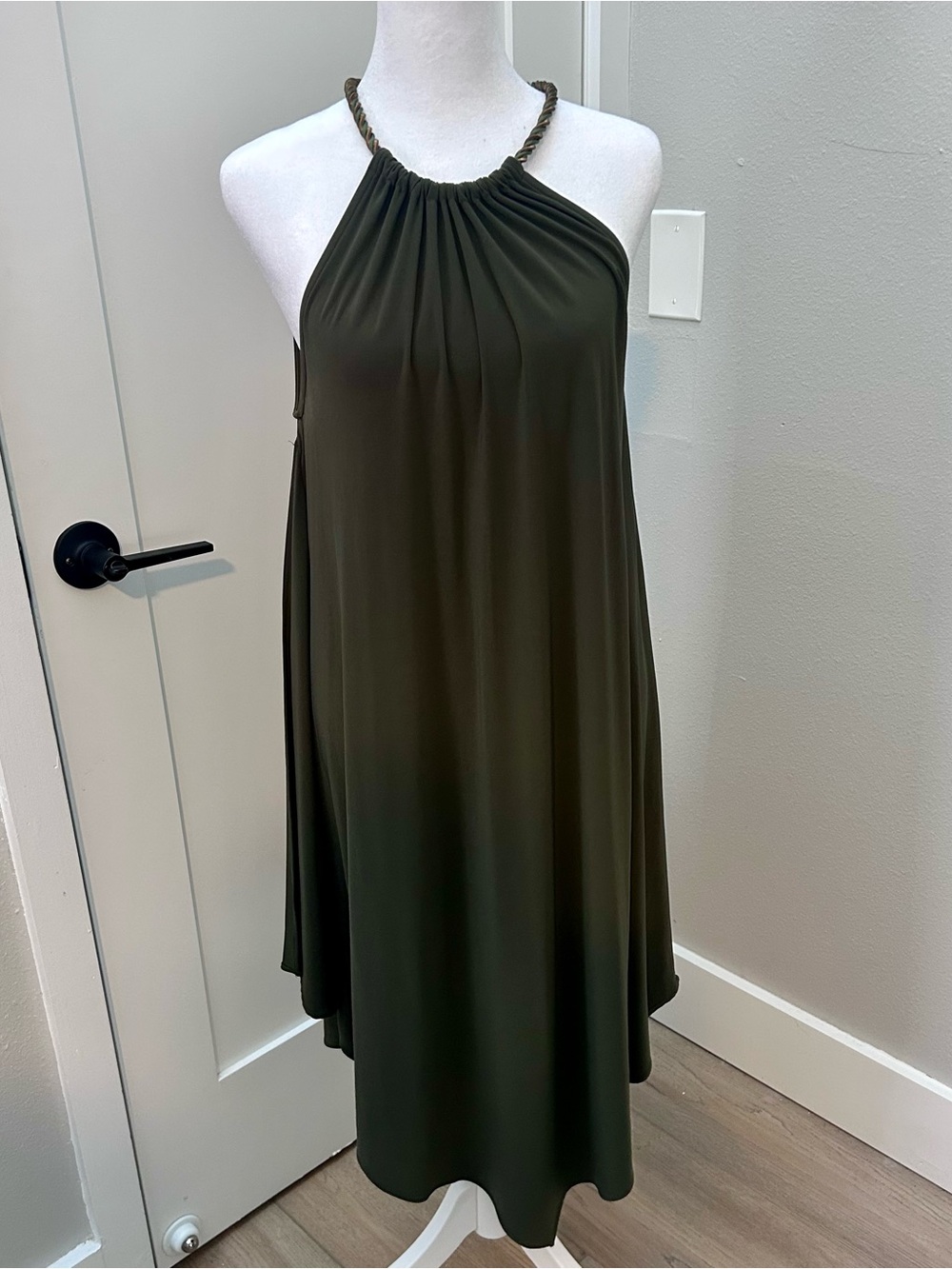 MSK Olive One-Shoulder Braided-Neck Dress